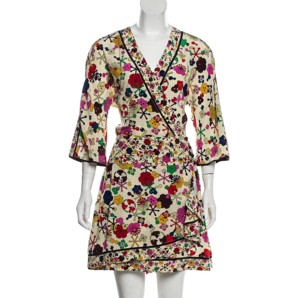 Kenzo Tanami print faux wrap silk dress v-neck, 40